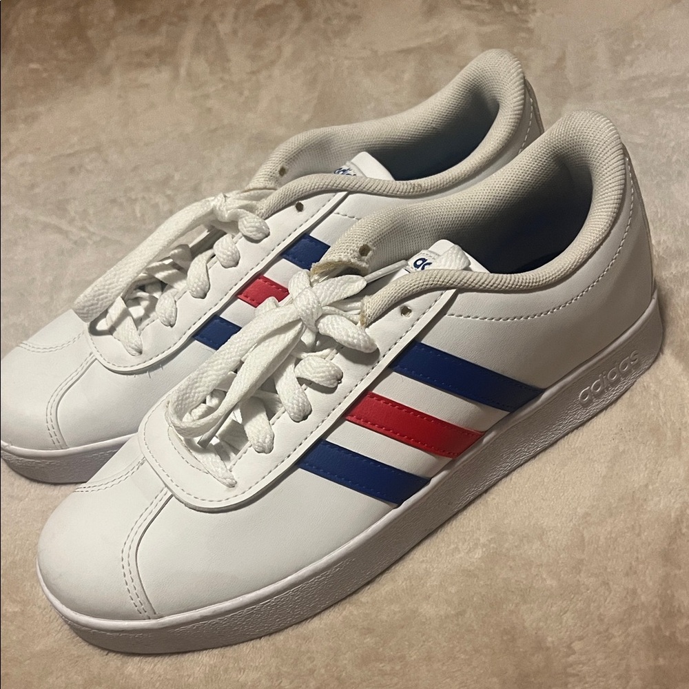 Adidas Classic White Sneakers with Blue and Red Accents